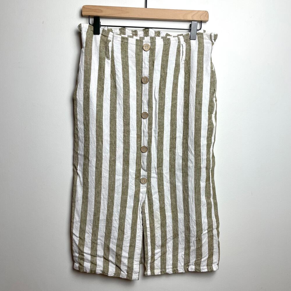 Love Tree Linen Blend Striped Skirt Medium Wood‎ Buttons Coastal Quiet Luxury